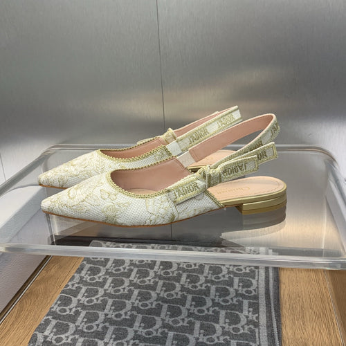 DIOR JA DIOR Slingback Flat White and Gold-Tone Toile de Jouy Mexico Embroidered Cotton with Metallic Thread
