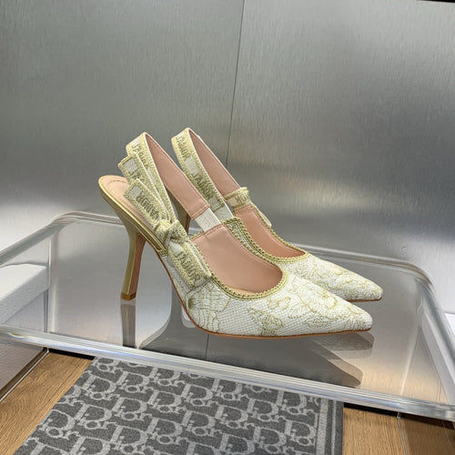 DIOR JA DIOR Slingback Pump 95 White and Gold-Tone Toile de Jouy Mexico Embroidered Cotton with Metallic Thread