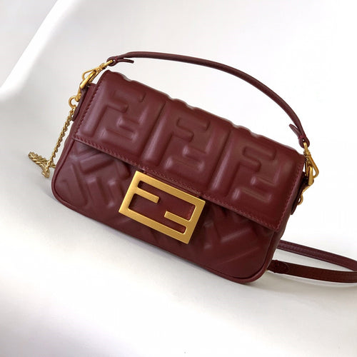 FENDI Mini Baguette Bag 20 With FF Motif Burgundy Leather Ghw