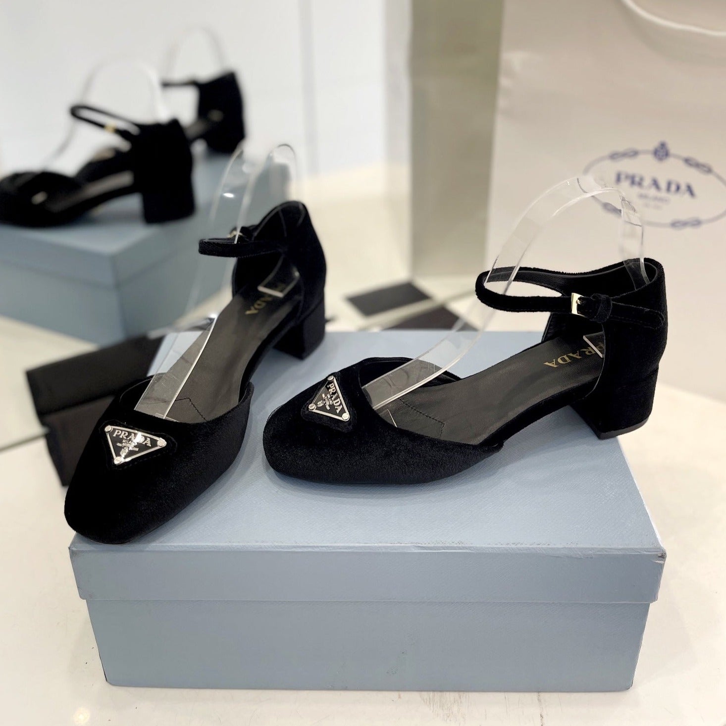 PRADA MARY JANE PUMPS BLACK SATIN