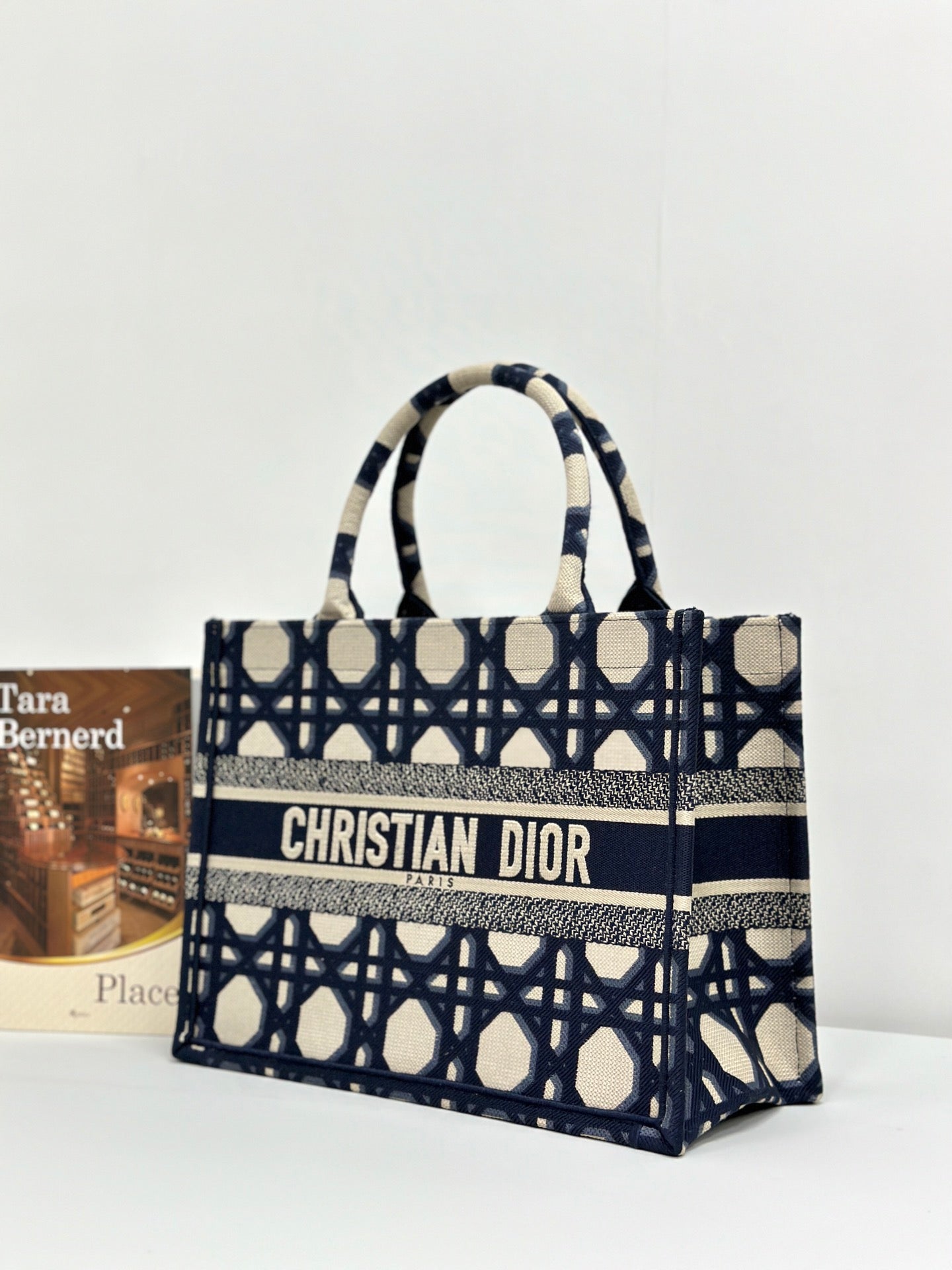 DIOR MEDIUM BOOK TOTE 37 BEIGE AND BLUE MACROCANNAGE EMBROIDERY