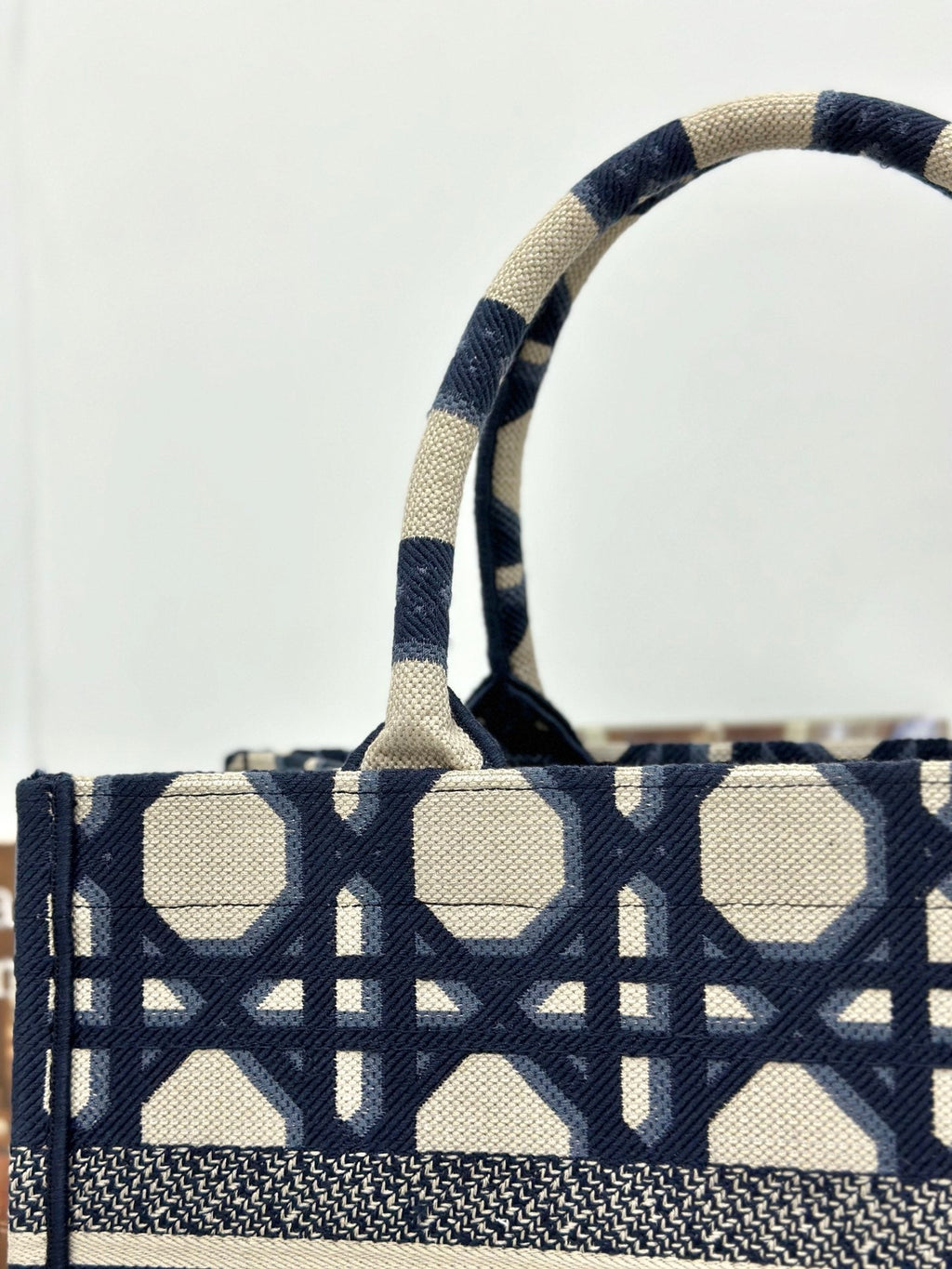 DIOR MEDIUM BOOK TOTE 37 BEIGE AND BLUE MACROCANNAGE EMBROIDERY