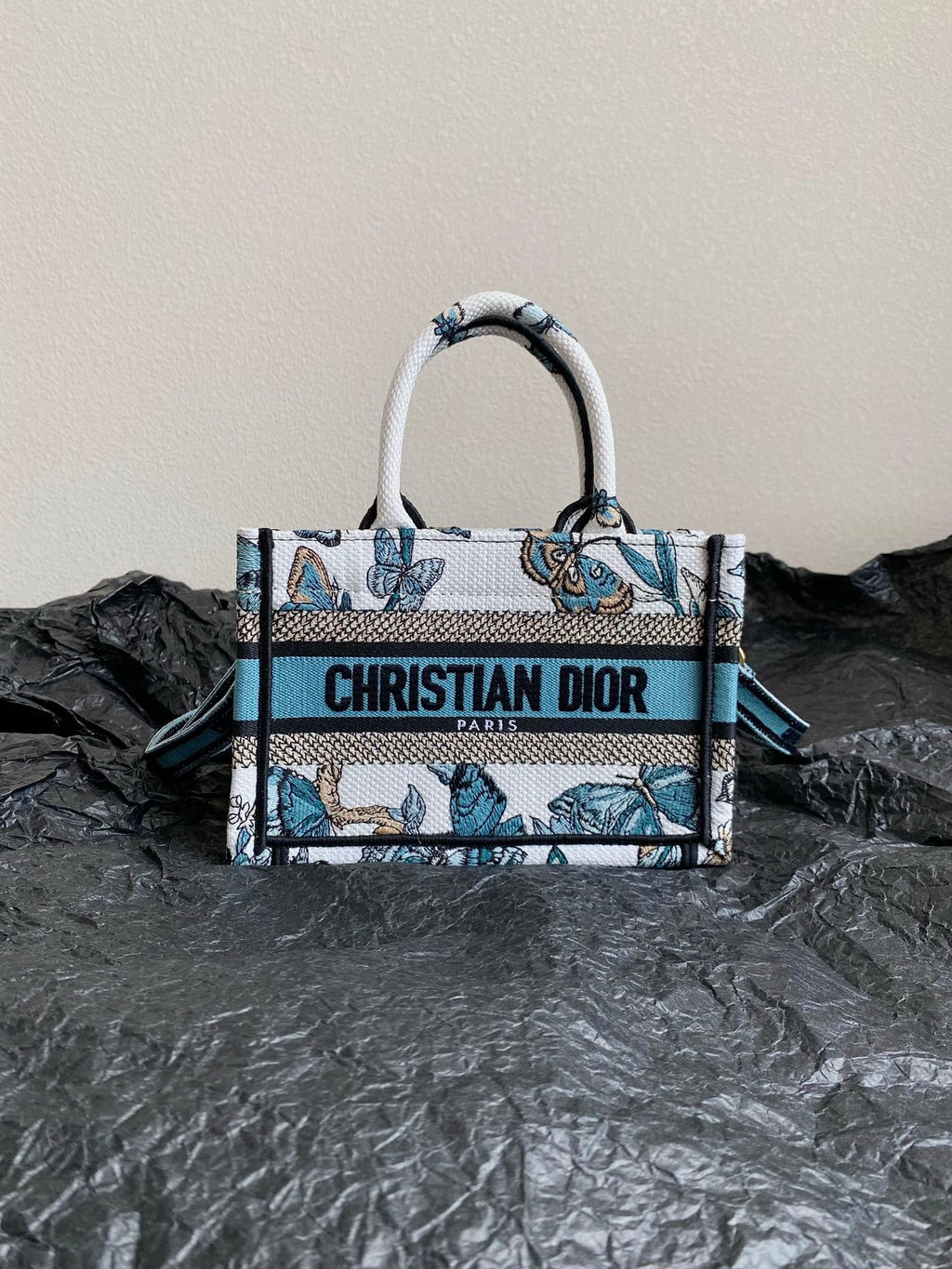 DIOR MINI BOOK TOTE 21 BUTTERFLY PATTERN BLUE CALFSKIN