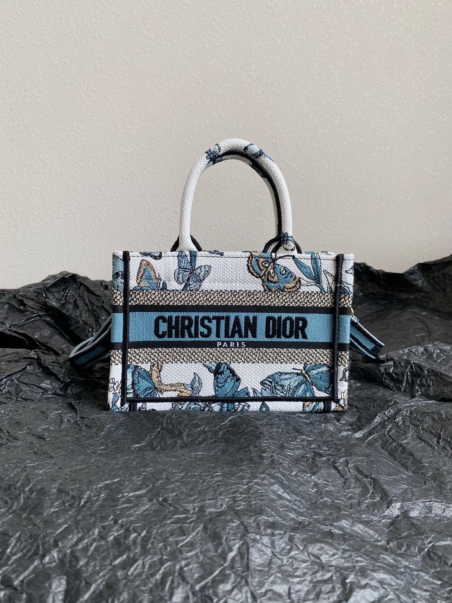DIOR MINI BOOK TOTE 21 BUTTERFLY PATTERN BLUE CALFSKIN