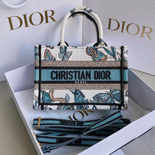DIOR MINI BOOK TOTE 21 BUTTERFLY PATTERN BLUE CALFSKIN
