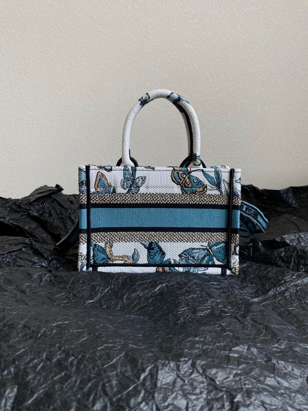 DIOR MINI BOOK TOTE 21 BUTTERFLY PATTERN BLUE CALFSKIN