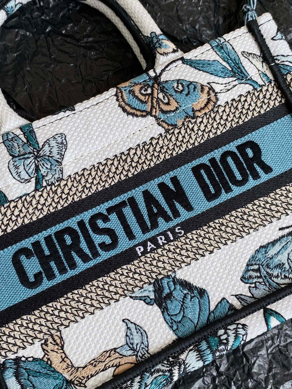 DIOR MINI BOOK TOTE 21 BUTTERFLY PATTERN BLUE CALFSKIN