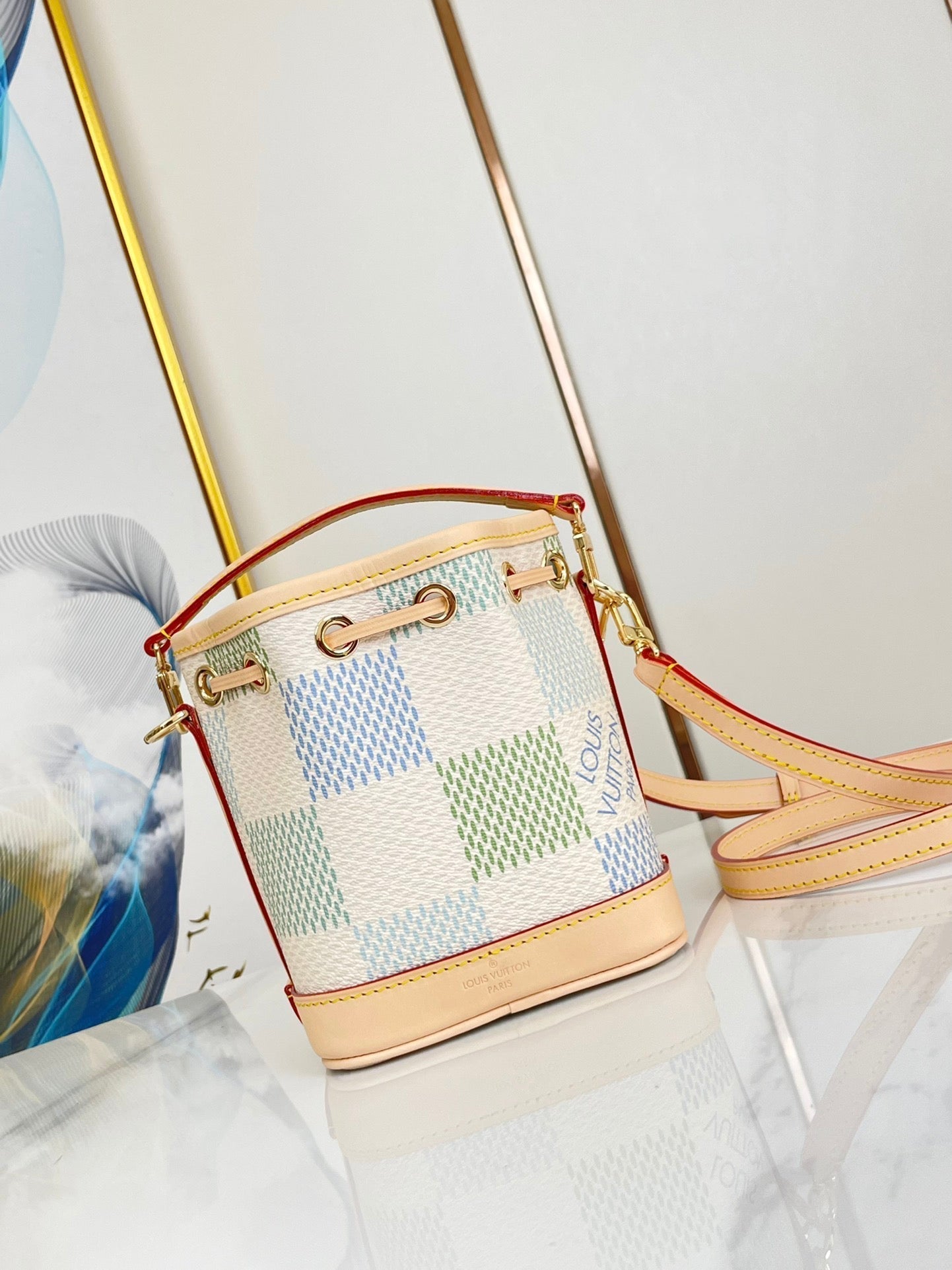 Louis Vuitton NANO NOÉ 16 IN PISTACHIO DAMIER GIANT CANVAS GOLD HARDWARE