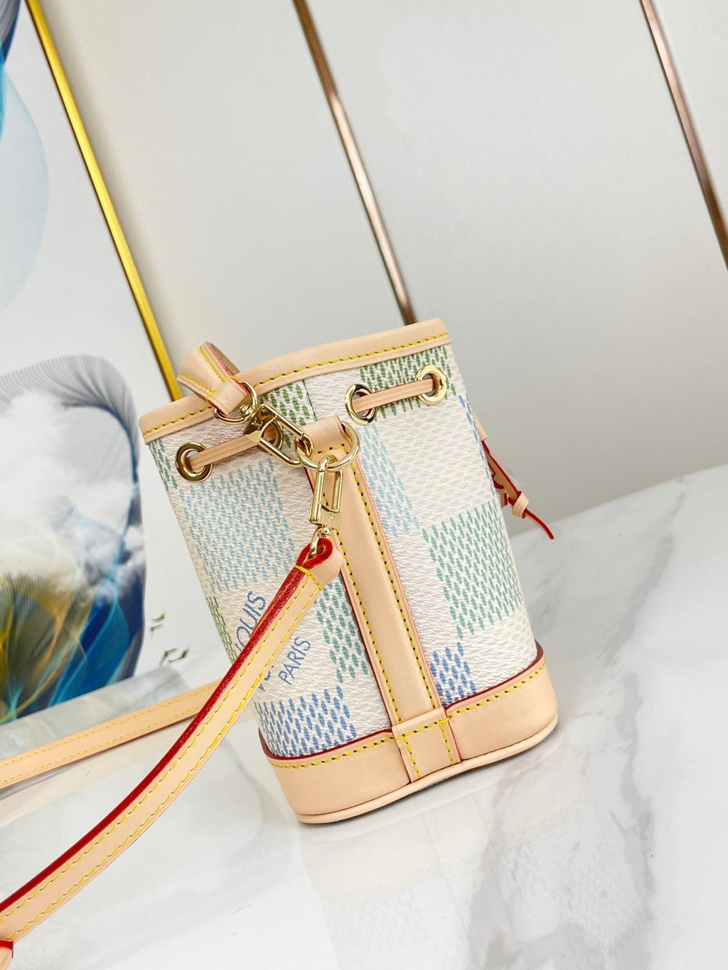 Louis Vuitton NANO NOÉ 16 IN PISTACHIO DAMIER GIANT CANVAS GOLD HARDWARE