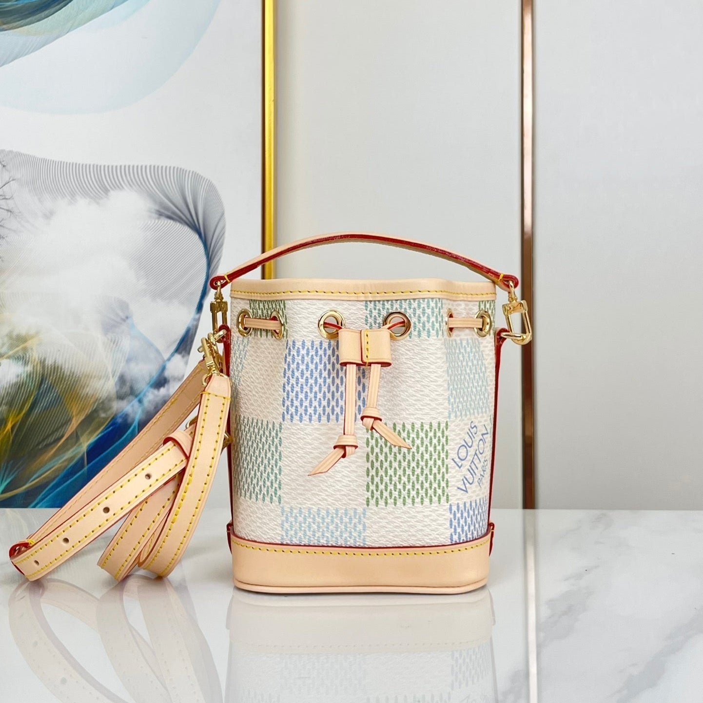 Louis Vuitton NANO NOÉ 16 IN PISTACHIO DAMIER GIANT CANVAS GOLD HARDWARE