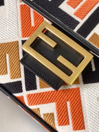 FENDI Fend Baguette Black White Brown Orange Canvas Bag 27 with FF Embroidery Ghw