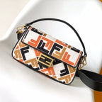 FENDI Fend Baguette Black White Brown Orange Canvas Bag 27 with FF Embroidery Ghw