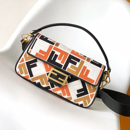 FENDI Fend Baguette Black White Brown Orange Canvas Bag 27 with FF Embroidery Ghw