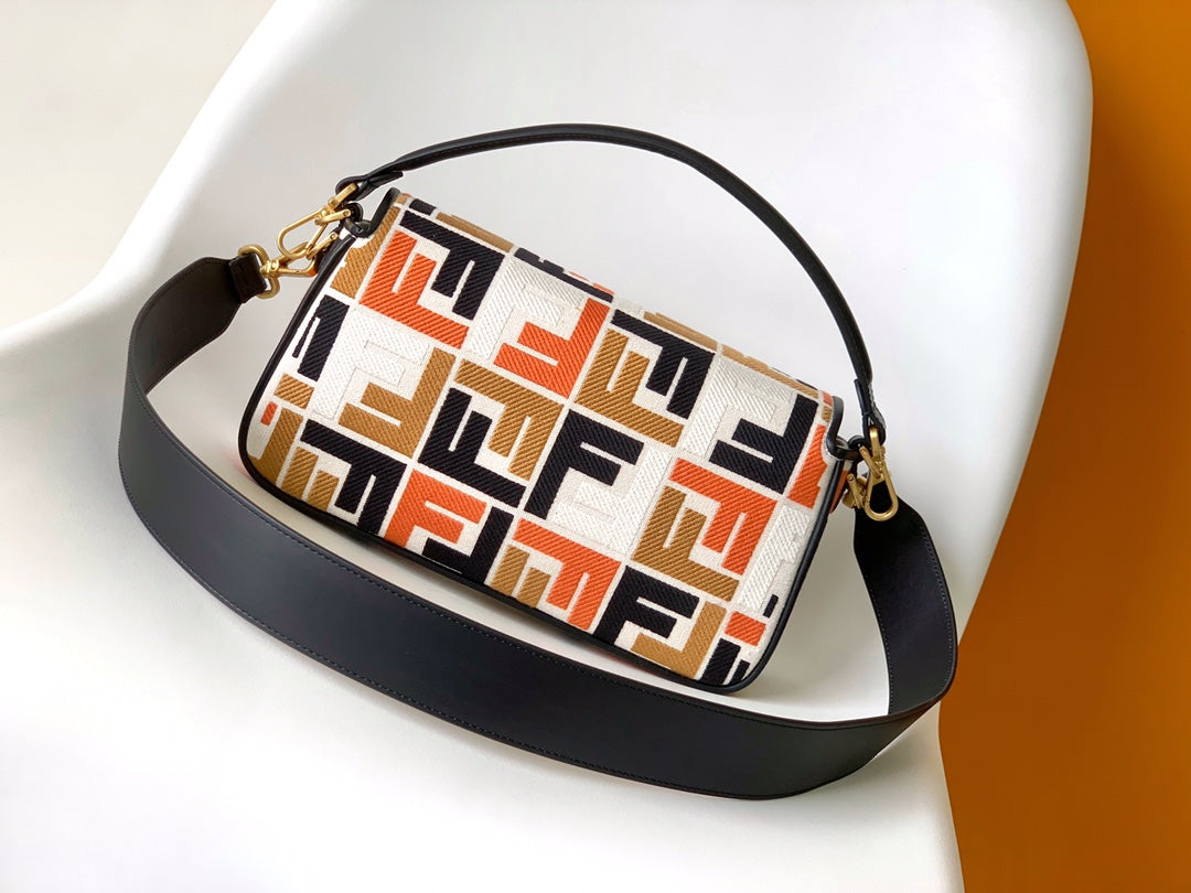 FENDI Fend Baguette Black White Brown Orange Canvas Bag 27 with FF Embroidery Ghw
