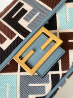FENDI Fend Baguette Sky Blue and Multicolour Canvas Bag 27 with FF Embroidery Ghw