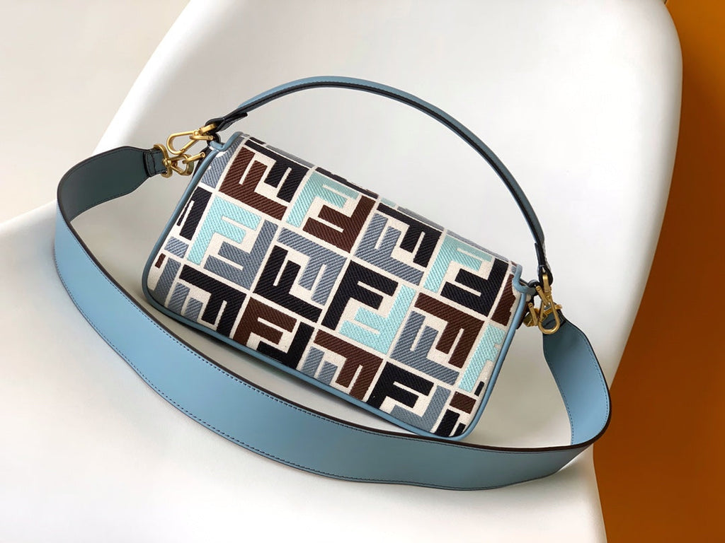 FENDI Fend Baguette Sky Blue and Multicolour Canvas Bag 27 with FF Embroidery Ghw