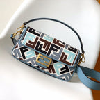 FENDI Fend Baguette Sky Blue and Multicolour Canvas Bag 27 with FF Embroidery Ghw