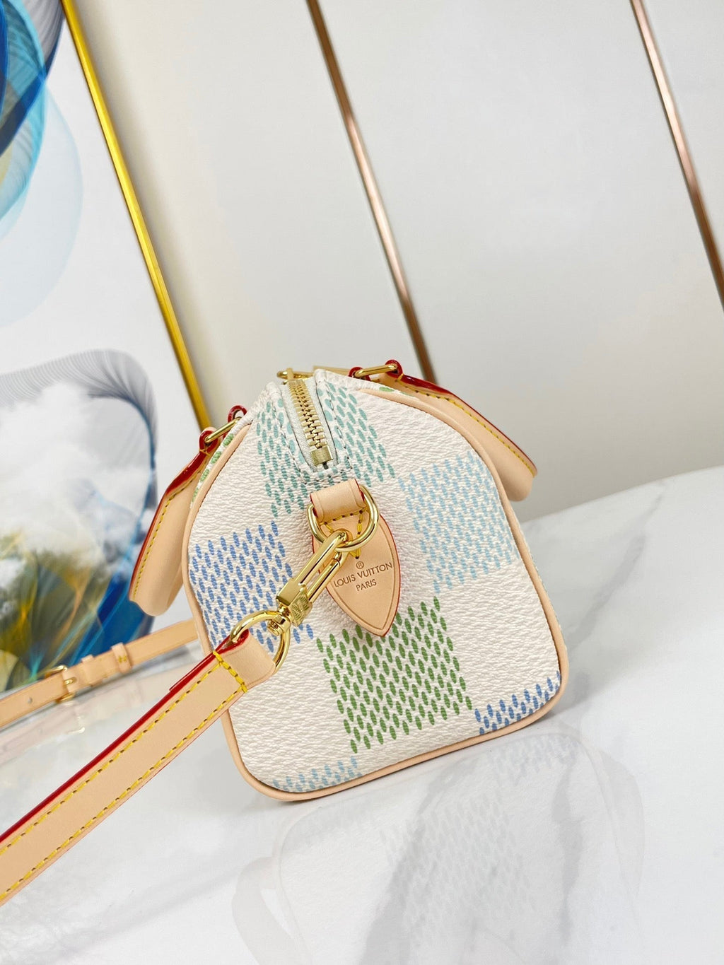 Louis Vuitton SPEEDY BANDOULIÈRE 20 IN PISTACHIO DAMIER GIANT CANVAS GOLD HARDWARE