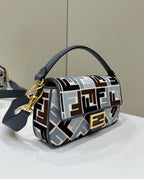FENDI BAGUETTE CANVAS 27 BAG BLACK STRAP WITH MULTICOLOUR EMBROIDERY GOLD HARDWARE