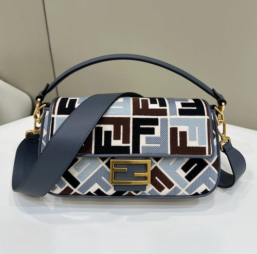 FENDI BAGUETTE CANVAS 27 BAG BLACK STRAP WITH MULTICOLOUR EMBROIDERY GOLD HARDWARE