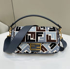 FENDI BAGUETTE CANVAS 27 BAG BLACK STRAP WITH MULTICOLOUR EMBROIDERY GOLD HARDWARE