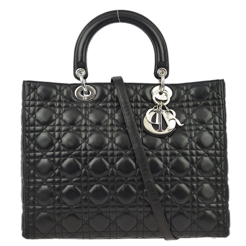 Christian Dior 2004 Black Lambskin Large Lady Dior Cannage 2way Shoulder Handbag