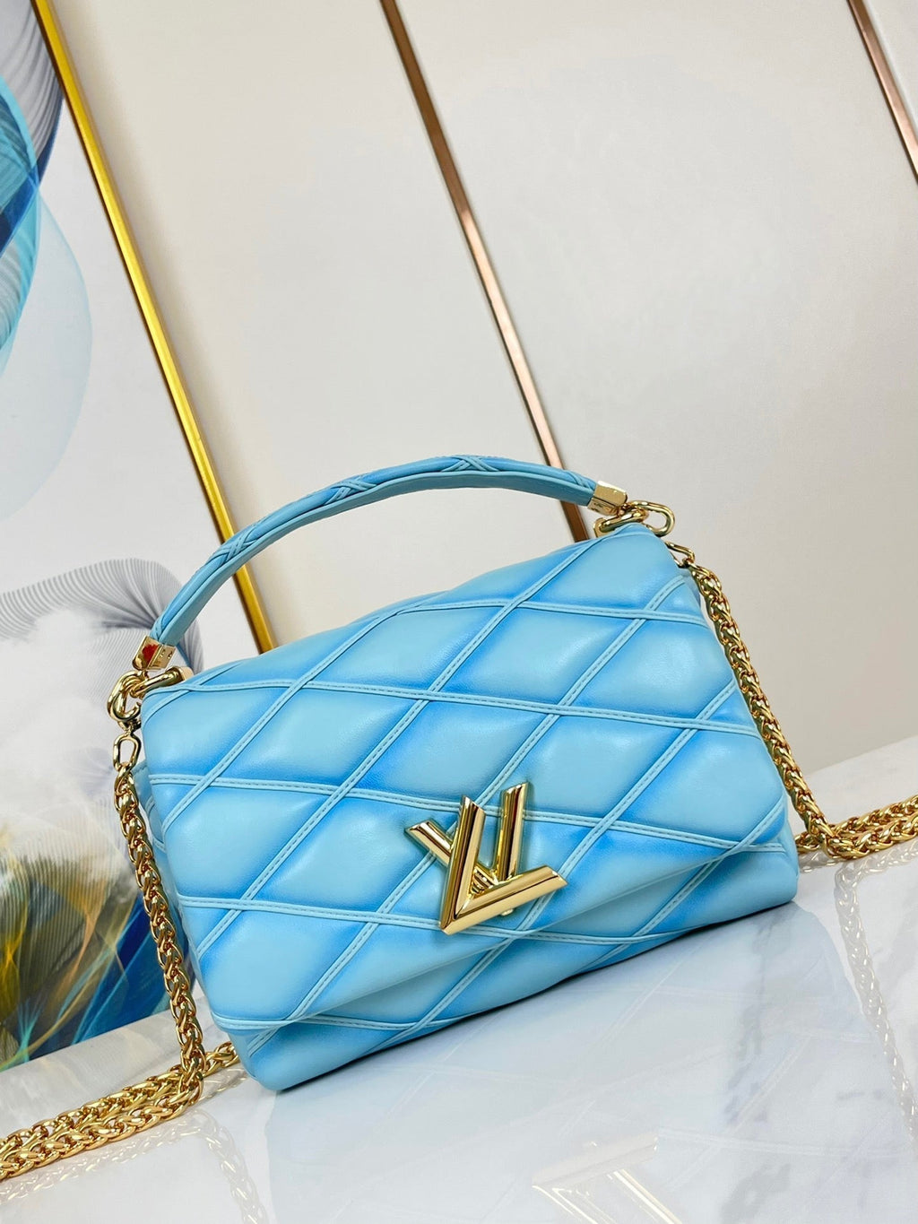 Louis Vuitton GO-14 MM 23 IN SKY BLUE QUILTED LAMBSKIN GOLD HARDWARE