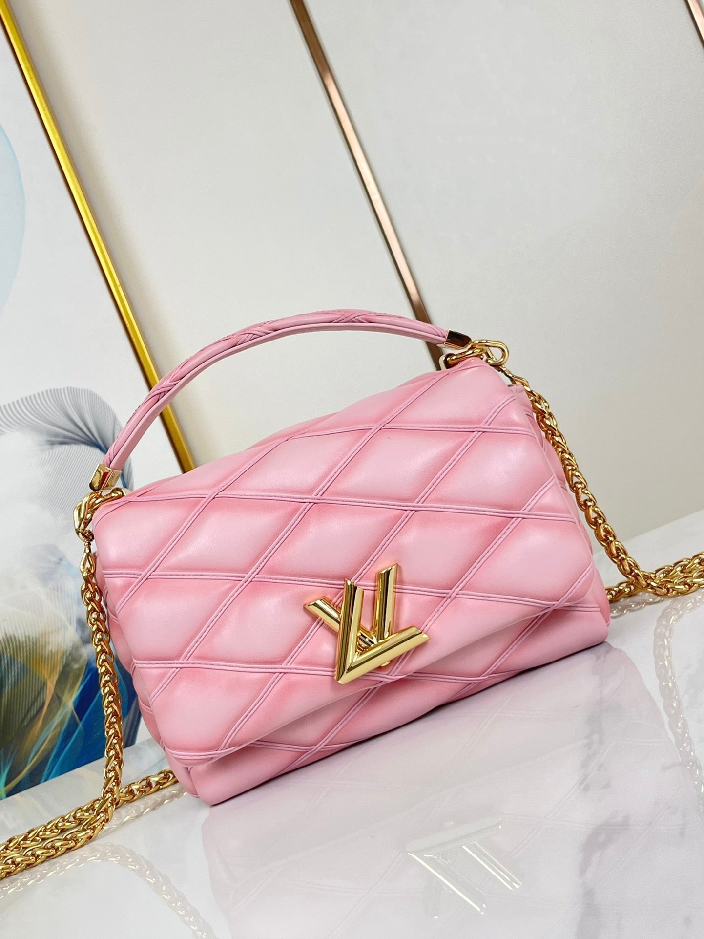 Louis Vuitton GO-14 MM 23 IN FRAMBOISE QUILTED LAMBSKIN GOLD HARDWARE