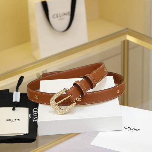 Celine CL MEDIUM 25 MM MARCO BELT WITH STRASS IN BRONZE BROWN CALFSKIN GOLD HARDWARE
