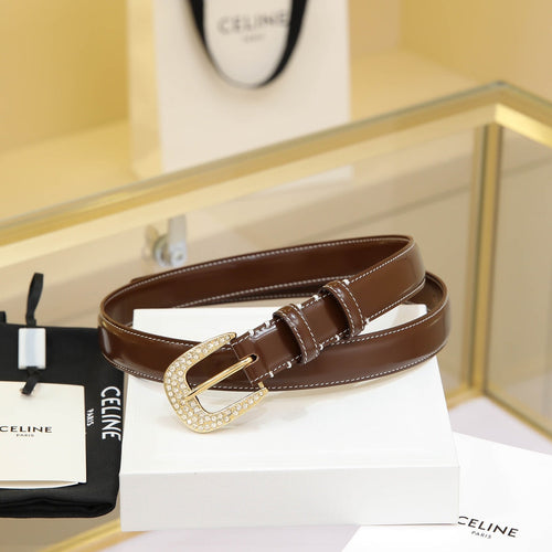 Celine CL MEDIUM 25 MM MARCO BELT WITH STRASS IN CHOCOLATE BROWN CALFSKIN GOLD HARDWARE