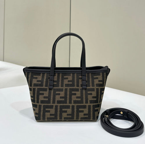 FENDI MINI ROLL BAG 15 BLACK MIX BROWN FF JACQUARD FABRIC