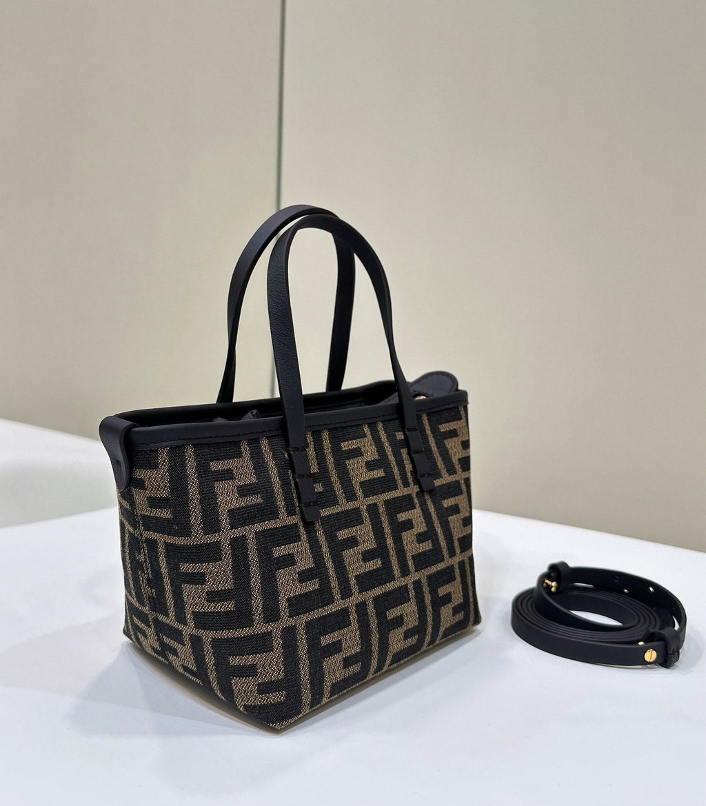 FENDI MINI ROLL BAG 15 BLACK MIX BROWN FF JACQUARD FABRIC