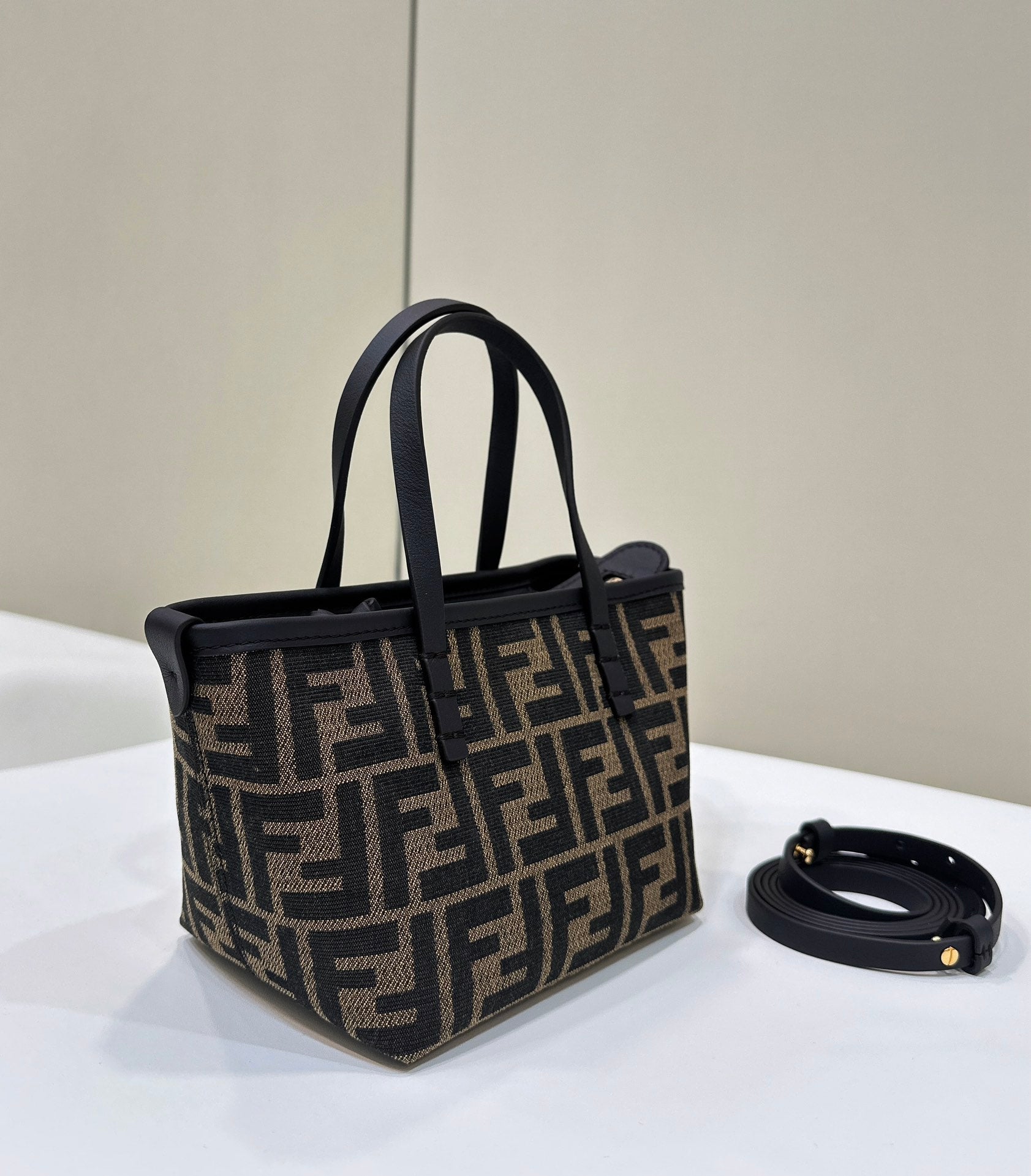 FENDI MINI ROLL BAG 15 BLACK MIX BROWN FF JACQUARD FABRIC