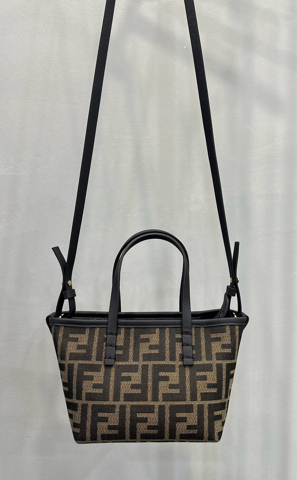 FENDI MINI ROLL BAG 15 BLACK MIX BROWN FF JACQUARD FABRIC