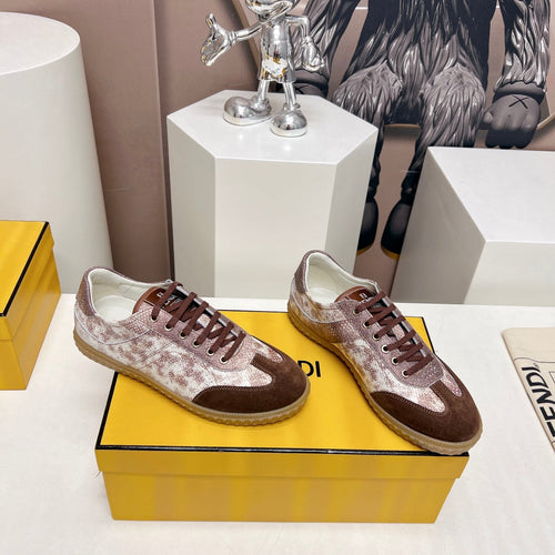 FENDI FENDI FLIGHT SNEAKER IN UMBER BROWN SUEDE AND LAMBSKIN