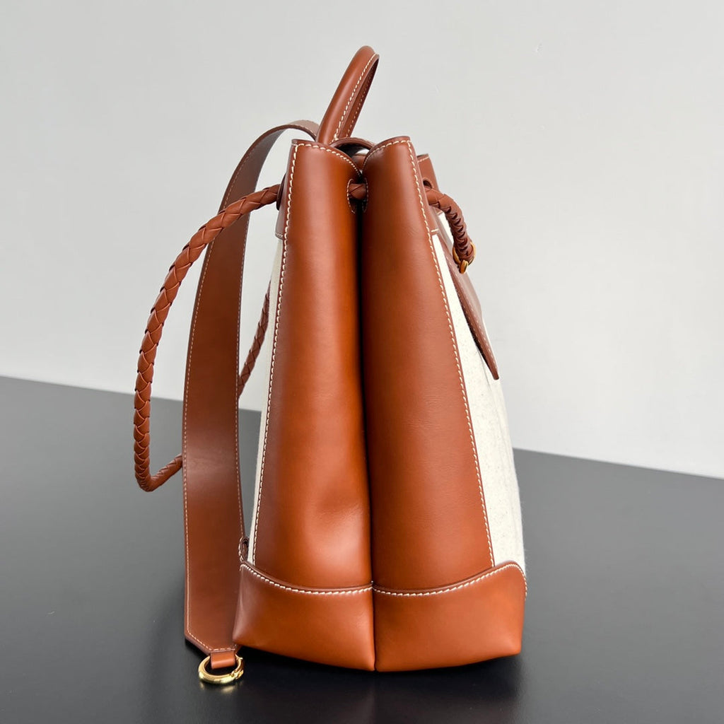 Bottega Veneta LARGE ANDIAMO BACKPACK 48 IN LIGHT WOOF CALFSKIN AND CANVAS