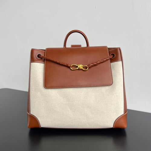 Bottega Veneta LARGE ANDIAMO BACKPACK 48 IN LIGHT WOOF CALFSKIN AND CANVAS