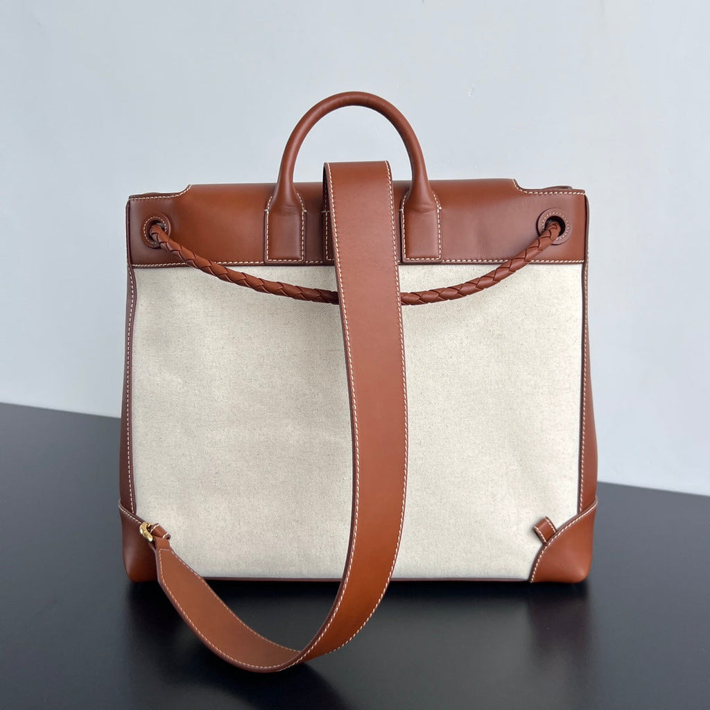 Bottega Veneta LARGE ANDIAMO BACKPACK 48 IN LIGHT WOOF CALFSKIN AND CANVAS