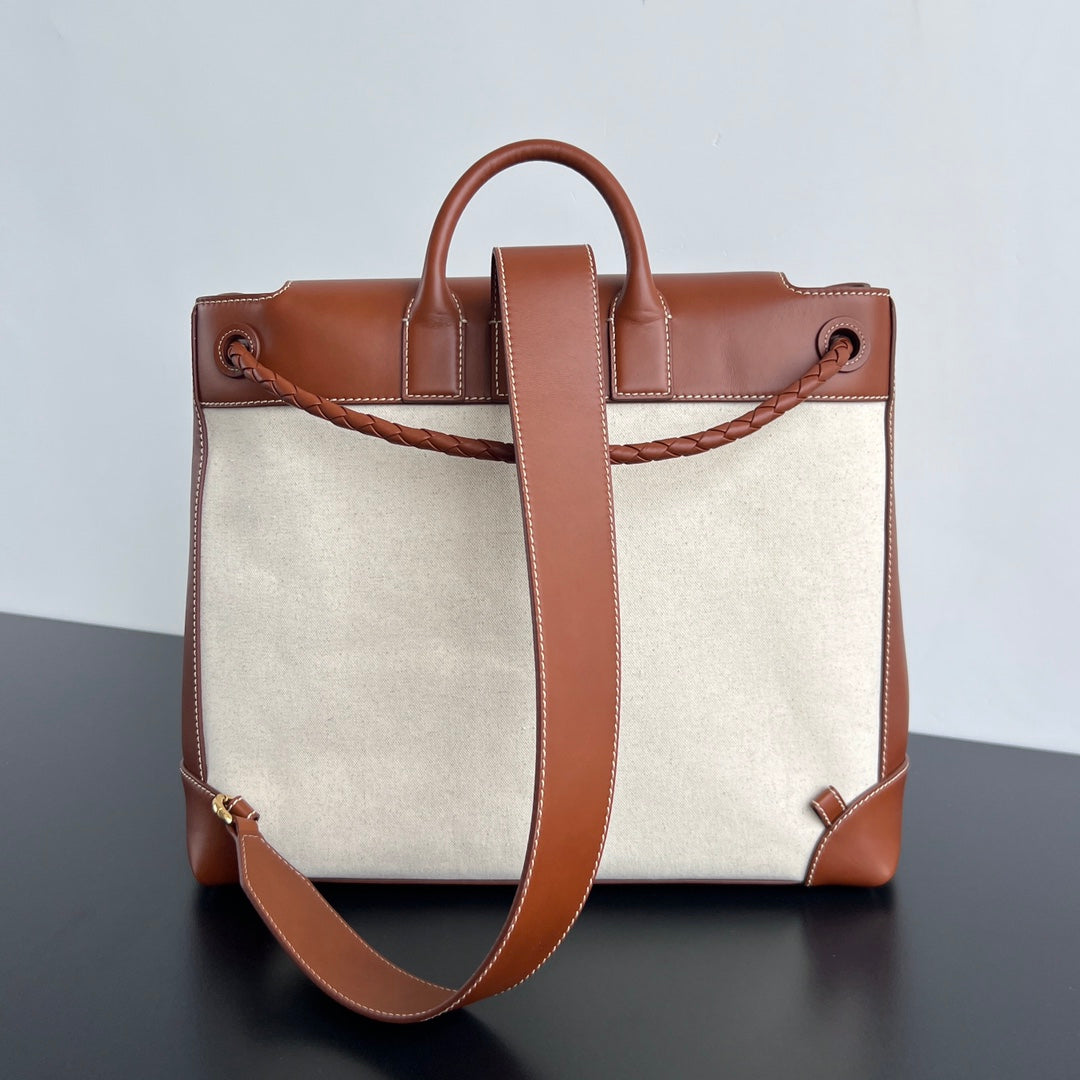 Bottega Veneta LARGE ANDIAMO BACKPACK 48 IN LIGHT WOOF CALFSKIN AND CANVAS