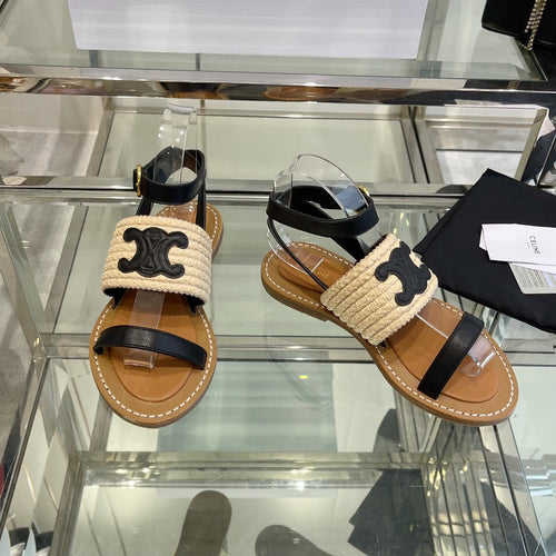 Celine LYMPIAR FLAT STRAP SANDAL IN RAFFIA CALFSKIN BLACK BEIGE