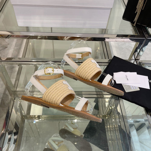 Celine LYMPIAR FLAT STRAP SANDAL IN RAFFIA CALFSKIN WHITE BEIGE