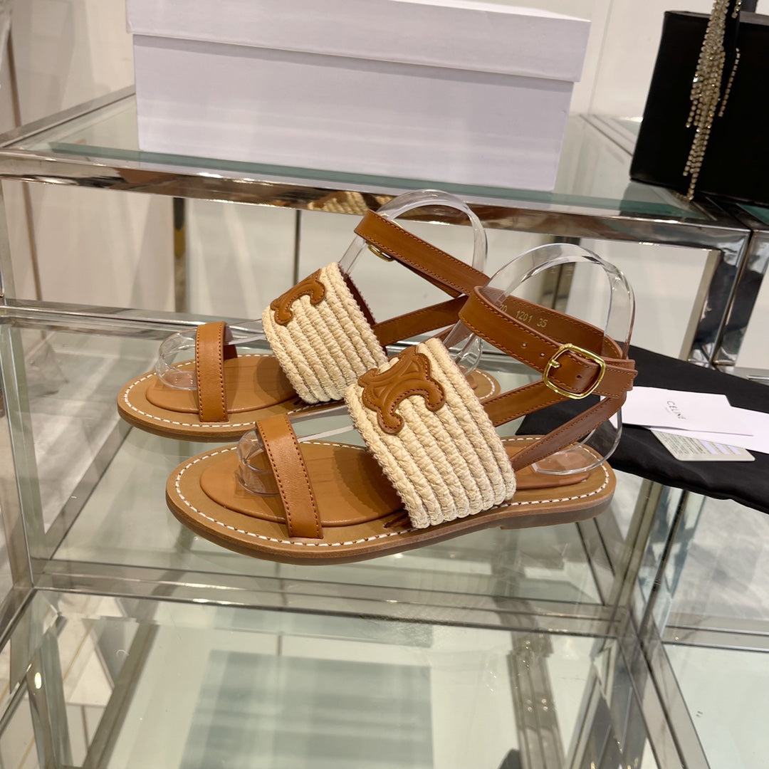 Celine LYMPIAR FLAT STRAP SANDAL IN RAFFIA CALFSKIN WHITE CARAMEL BROWN