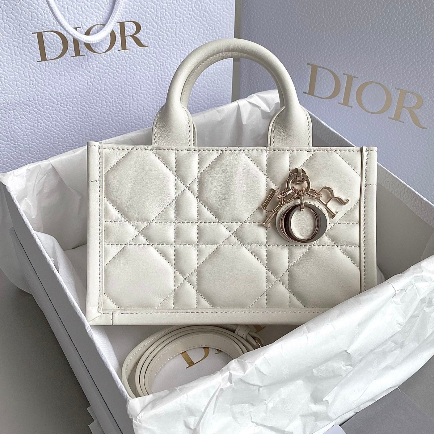 DIOR MINI BOOK TOTE 21 WHITE MACCROCANNAGE CALFSKIN