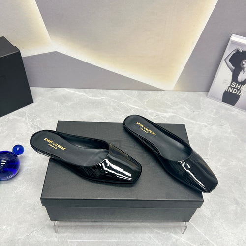 Saint Laurent SL SQUARE TOE FLAT MULES BLACK POLISHED CALFSKIN