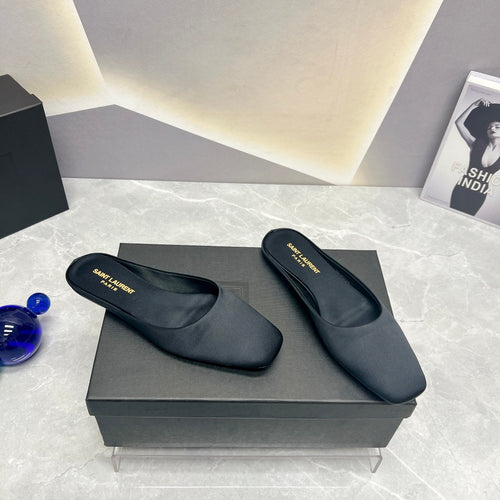 Saint Laurent SL SQUARE TOE FLAT MULES BLACK SATIN