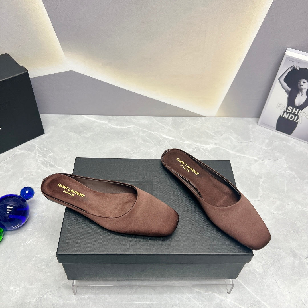 Saint Laurent SL SQUARE TOE FLAT MULES BROWN SATIN