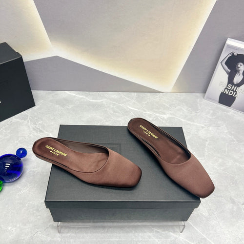 Saint Laurent SL SQUARE TOE FLAT MULES BROWN SATIN