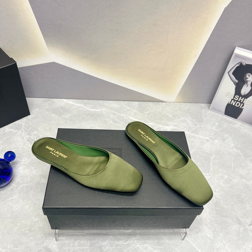 Saint Laurent SL SQUARE TOE FLAT MULES MOSS SATIN