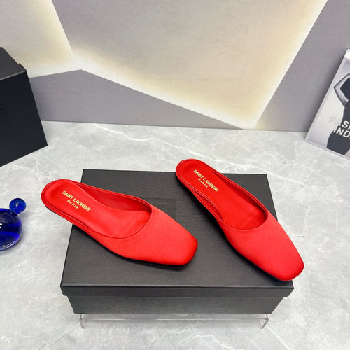 Saint Laurent SL SQUARE TOE FLAT MULES RED SATIN