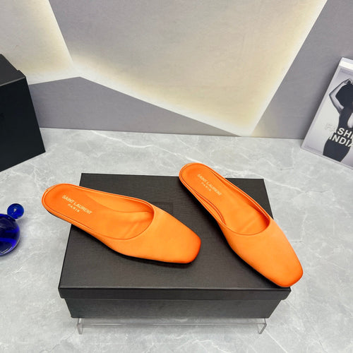 Saint Laurent SL SQUARE TOE FLAT MULES TIGER SATIN